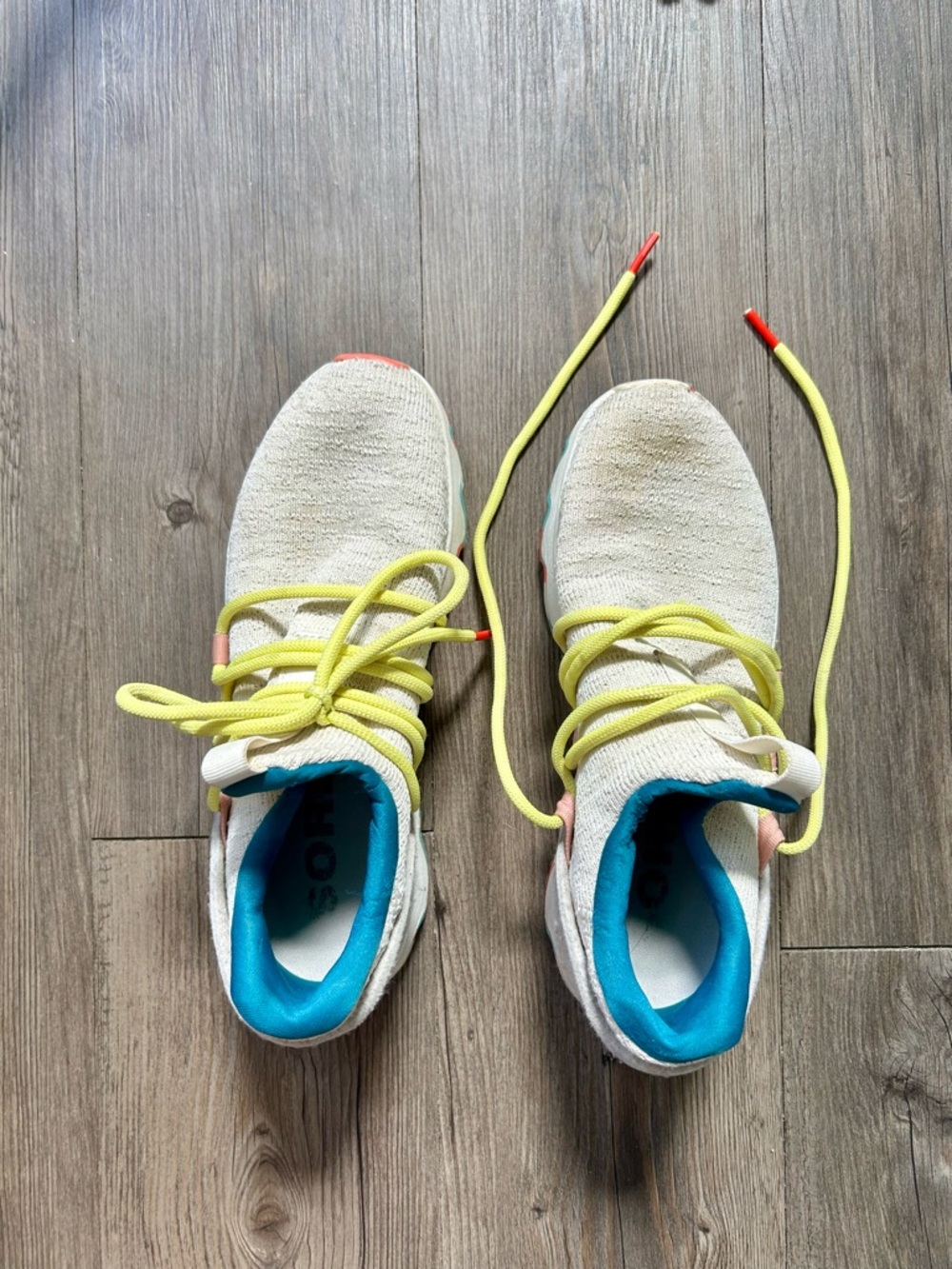 Sorel Cream Knit Sneakers with Yellow Laces and Blue Collar